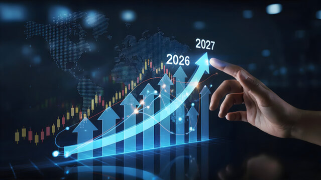 Human hand touching a glowing blue arrow chart symbolizing global business growth and financial success in 2027.