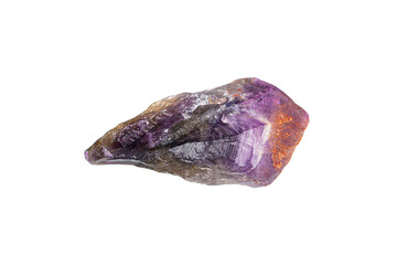 Natural rough hematite coated amethyst gemstone on white background (selective focus)