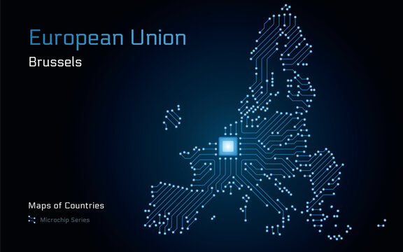 European Union map in microchip pattern with Brussels as the central chip