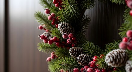 Closeup of a festive christmas wreath with pine cones and red berries hanging on a dark wooden door, creating a warm holiday ambiance