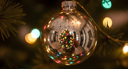 Closeup of a silver christmas ornament reflecting colorful lights on a tree, creating a festive and magical holiday atmosphere