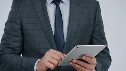 Man in Gray Suit and Blue Tie Using Digital Tablet on White Background - Powered by Adobe