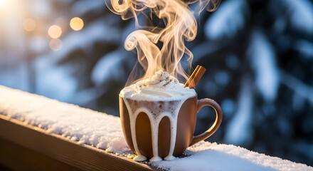 Closeup of a steaming mug of hot chocolate with whipped cream and a cinnamon stick on a snowy winter day outdoors