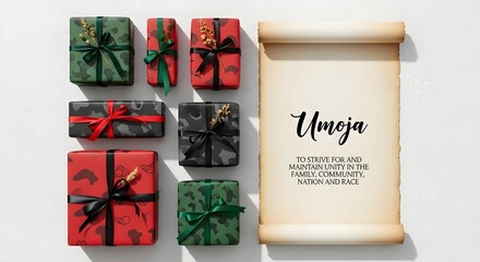 Overhead shot of christmas gifts and a scroll isolated on white background, perfect for adding a personalized message