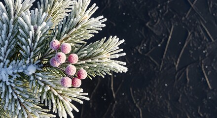 A frosted pine branch with pink berries against a dark textured background creates a festive and wintery atmosphere for the holidays