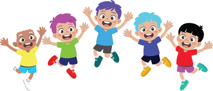 Happy diverse group of boys jumping together, cheerful children playing outdoors, friendship and fun concept, multicultural kids celebrating joyful energy - Powered by Adobe