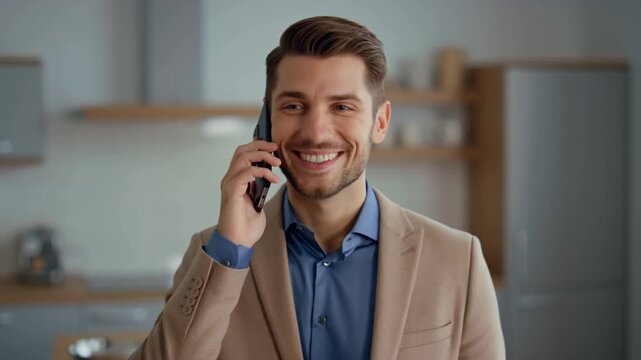 A handsome man talking on the phone with a smile, looking confident Stock Video