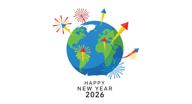 Happy new year 2026 celebrated with colorful fireworks exploding around the planet earth