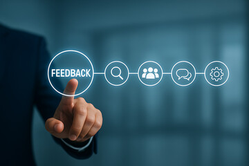 Businessman pressing a digital feedback button linked to icons for search, team, chat, and settings representing customer communication and support process flow
