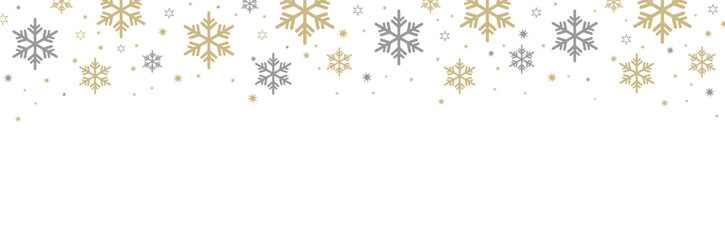 Festive snowflake border design with gold and silver snowflakes, stars, and dots along the top edge. Blank white space below is ideal for holiday cards, invitations, and seasonal templates.