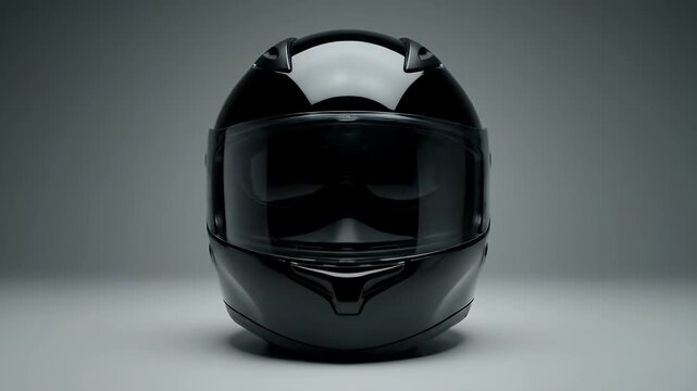 Close Up of Glossy Black Motorcycle Helmet with Dark Visor on Gray Background in Studio Lighting