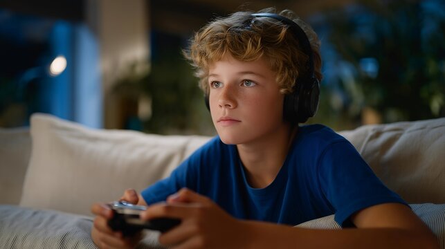 Kid using augmented reality learning apps with headphones and interactive gestures, emotion of fascination and focus visible, representing tech-enhanced homeschooling, digital education innovation,