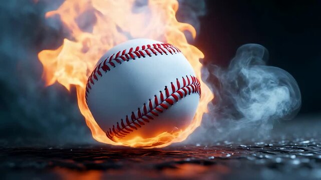 Flaming Baseball on Fire with Intense Flames and Smoke Trail on Dark Ground