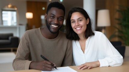 Couple of diverse nationalities completing marriage registration documents in a welcoming office, emotion of excitement and happiness visible, representing inclusivity, multicultural LGBTQ+