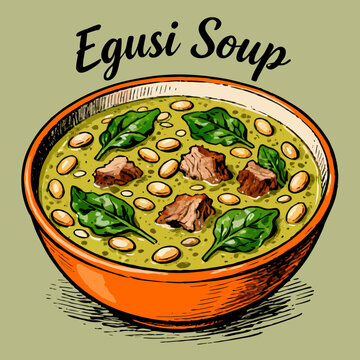 Egusi soup, sketch illustration of a traditional West African egusi stew, a hearty and delicious meal with meat and greens in an orange bowl