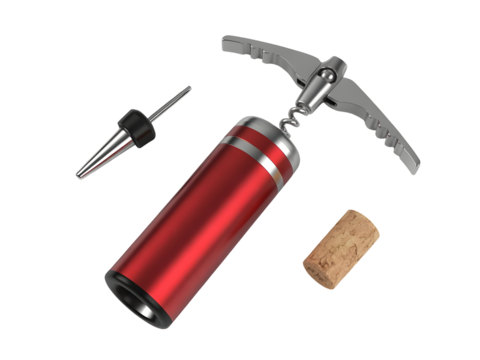 Professional wine opening set featuring a red metallic corkscrew, a pourer, and a natural cork, ready for use.