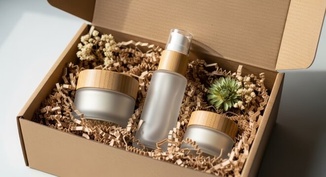 Eco-friendly skincare packaging with natural elements. Ai generation
