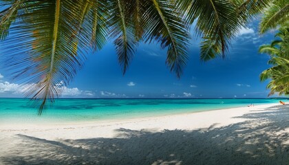 a view from under the shade of lush palm trees revealing a sandy tropical beach meeting the vibrant blue sea evoking a sense of calm and serenity in paradise