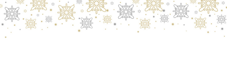 Festive snowflake border design with gold and silver snowflakes, stars, and dots along the top edge. Blank white space below is ideal for holiday cards, invitations, and seasonal templates.