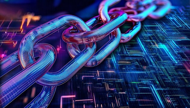close up view of neon chains featuring detailed digital patterns capturing the essence of futuristic technology and connectivity in a vibrant abstract style