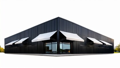 modern black commercial building with large windows and white awnings ideal for retail restaurant or office space isolated on a white background