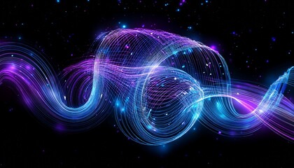 neon wireframe galaxy swirls with blue and purple sequins on black background isolated on a white background