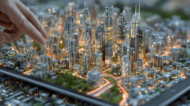 Modern Cityscape Model on Tablet Displaying Urban Development and Technological Advancement for Real Estate and Architecture