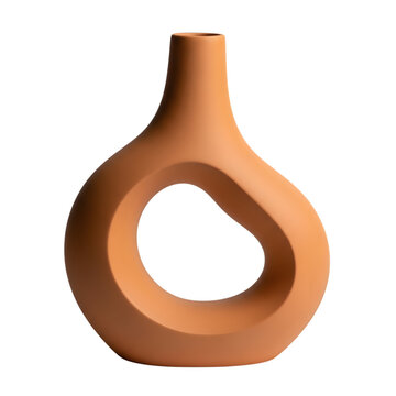 Modern terracotta vase with abstract geometric cutout isolated on transparent background
