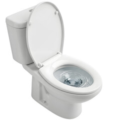 Side view of a toilet bowl with water swirling into the drain, clean white porcelain, realistic hygiene concept. Isolated on white or transparent background. PNG format.