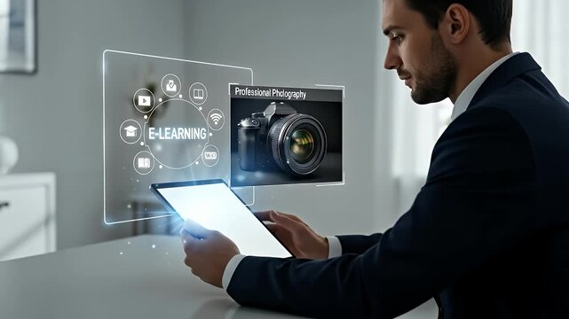 Businessman in Dark Blue Suit Holding Tablet with Camera Graphic in E Learning Interface on Screen in Bright Indoor Setting