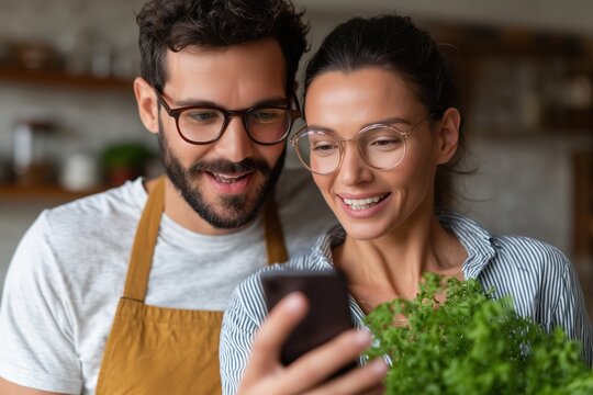 A happy couple looking at their smartphone, enjoying a moment of togetherness and smiles. The woman is holding some green vegetable, while man wear apron. They look cozy together - Powered by Adobe