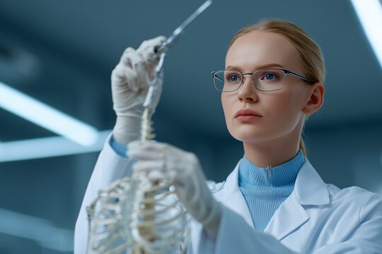 A focused scientist examining a human spine model in a modern laboratory setting. The scientist wears gloves and glasses and is holding the model with precision and care. - Powered by Adobe