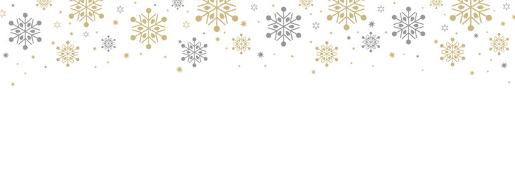Festive snowflake border design with gold and silver snowflakes, stars, and dots along the top edge. Blank white space below is ideal for holiday cards, invitations, and seasonal templates.