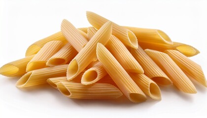 pieces of uncooked penne pasta isolated on a white background