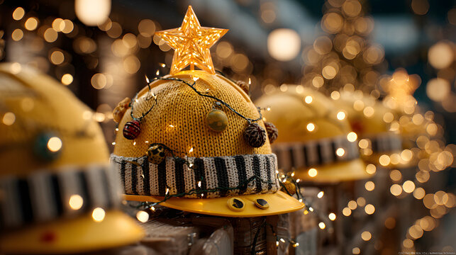 Christmas tree made of yellow construction helmets with glowing star and lights, celebrating Christmas in the construction industry, with a festive atmosphere and bokeh effect in a dark background