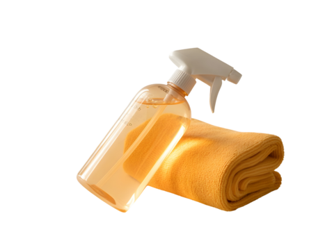 Spray bottle of cleaning solution leaning against a folded yellow microfiber cloth isolated on a transparent background
