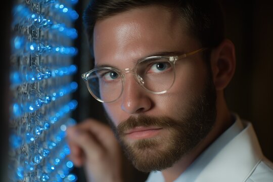 A serious scientist working on a technological project, surrounded by blue lights and wearing glasses