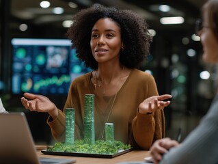 A woman in an office setting presents a project related to the environment