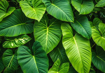 Dark green plants growing in a lush foliage background of tropical leaves like anthurium, epiphytes, or ferns, forming a beautiful green plant wall design in a cloud forest