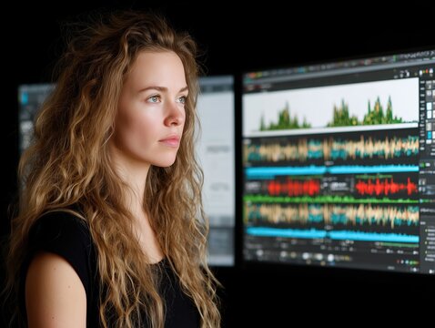 A woman working diligently on a computer setup, analyzing data shown on screen. The image presents a woman deep in concentration while working on a computer setup - Powered by Adobe