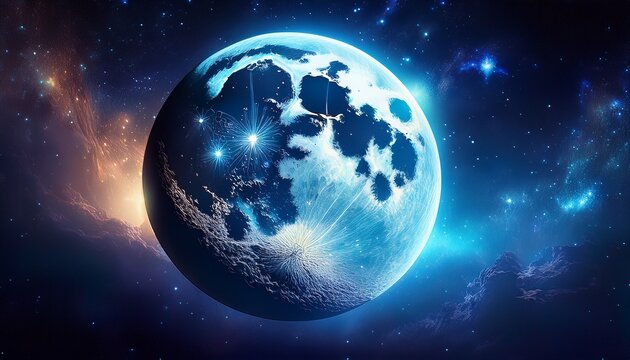 this image showcases a beautifully detailed blue hued moon floating in outer space surrounded by a stunning background of stars and a nebula creating a cosmic spectacle - Powered by Adobe