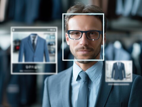 A man in glasses wearing a suit with a virtual overlay, showcasing a futuristic shopping experience. The image depicts a man in a modern suit, with a digital interface overlayed.