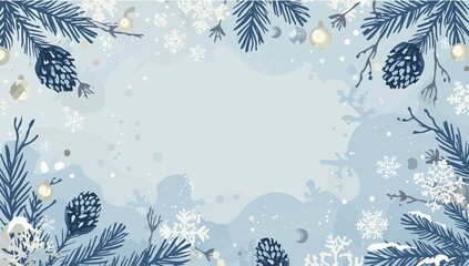 illustration template featuring a serene winter decoration background with a flat design aesthetic, incorporating gentle snowflakes, frosted pinecones