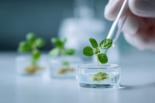 A scientist's hand carefully tending to a young plant in a petri dish. The plant is surrounded by water, hinting at scientific research