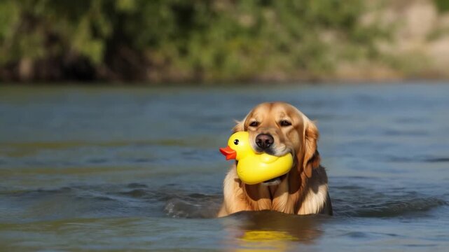 A golden retriever swimming with a yellow duck toy in its mouth in the water Stock Video
