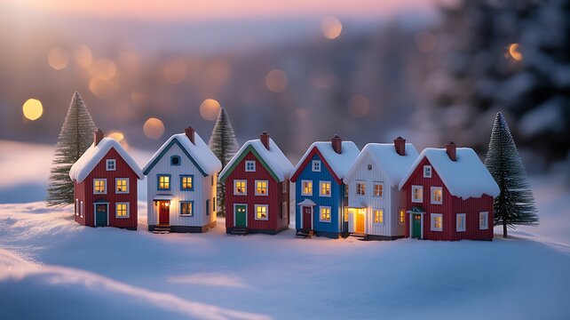 Cozy miniature village in a snowy landscape with festive lights