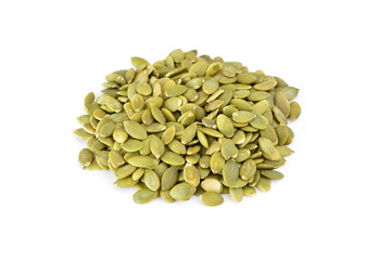 Pile of Raw Green Pumpkin Seeds on a White Background close up