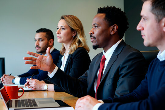Group of young adult and middle aged multiethnic business professionals sitting at conference table discussing project, Black man gesturing while others listening attentively