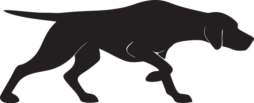A sleek black silhouette of a hunting dog in a stalking pose