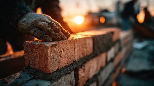 Close-up of a worker in dark clothes and dirty work gloves placing a brick with mortar in a sunrise setting